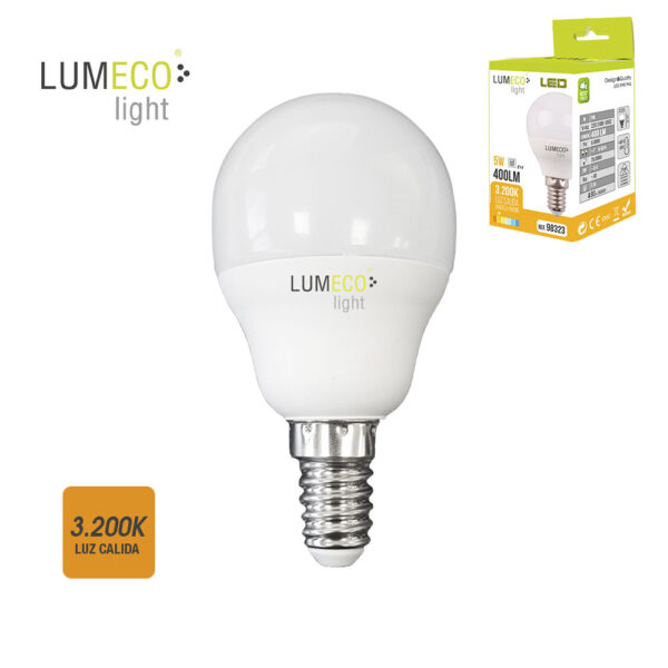 LAMPADA ESFÉRICA LED 5W 400 LUMENS E14 3.200K LUZ QUENTE LUMECO