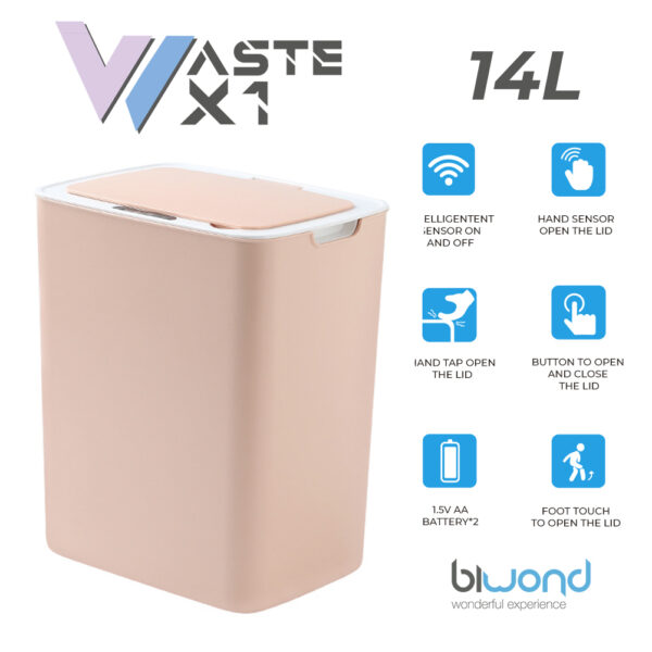 Caixote do lixo inteligente com sensor 14L BIWOND rosa